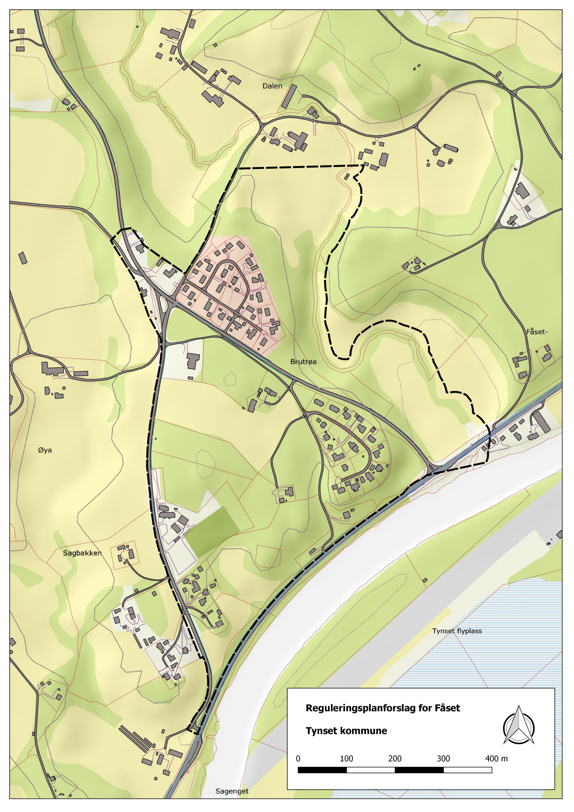 Sak 24/17 Bildet viser forslag til plangrense for detaljreguleringsplan for Fåset skole med boligfelter.