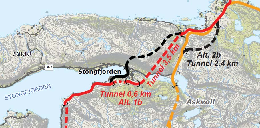 Figur 8: Vurderte løysingar ved Stongfjorden og Osland Ytre alternativ - Stavang Frå Nedre Standal er det vurdert eit alternativ med utbetring av vegen forbi Stavang.