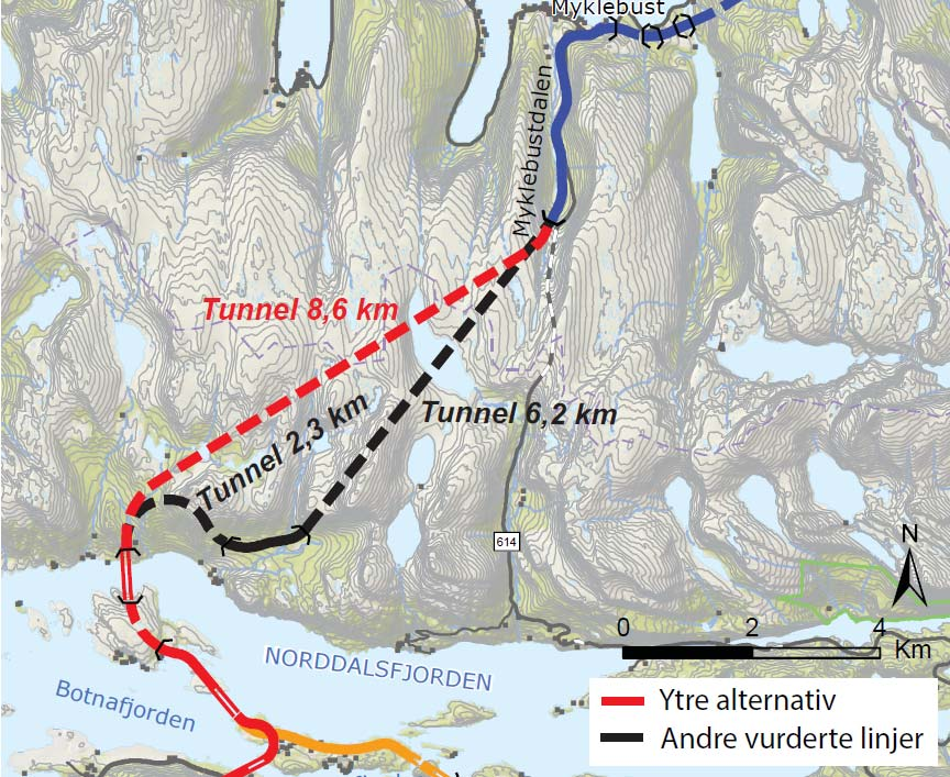 Ytre alternativ variant med dagstrekning i Terdalen I samsvar med tidlegare utgreiingar for strekninga, er det sett på eit alternativ med dagstrekning i Terdalen.