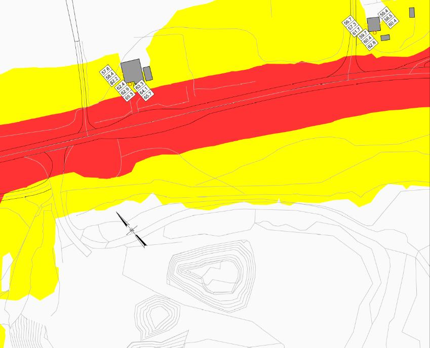 Side 9 av 12 Bolig nærmest veg på nordsiden, har kun oppholdsrom i 1 etasje (+2m over terreng), men det er tatt høyde for at det muligens er skråtak innvendig, derfor er også +5meter beregnet