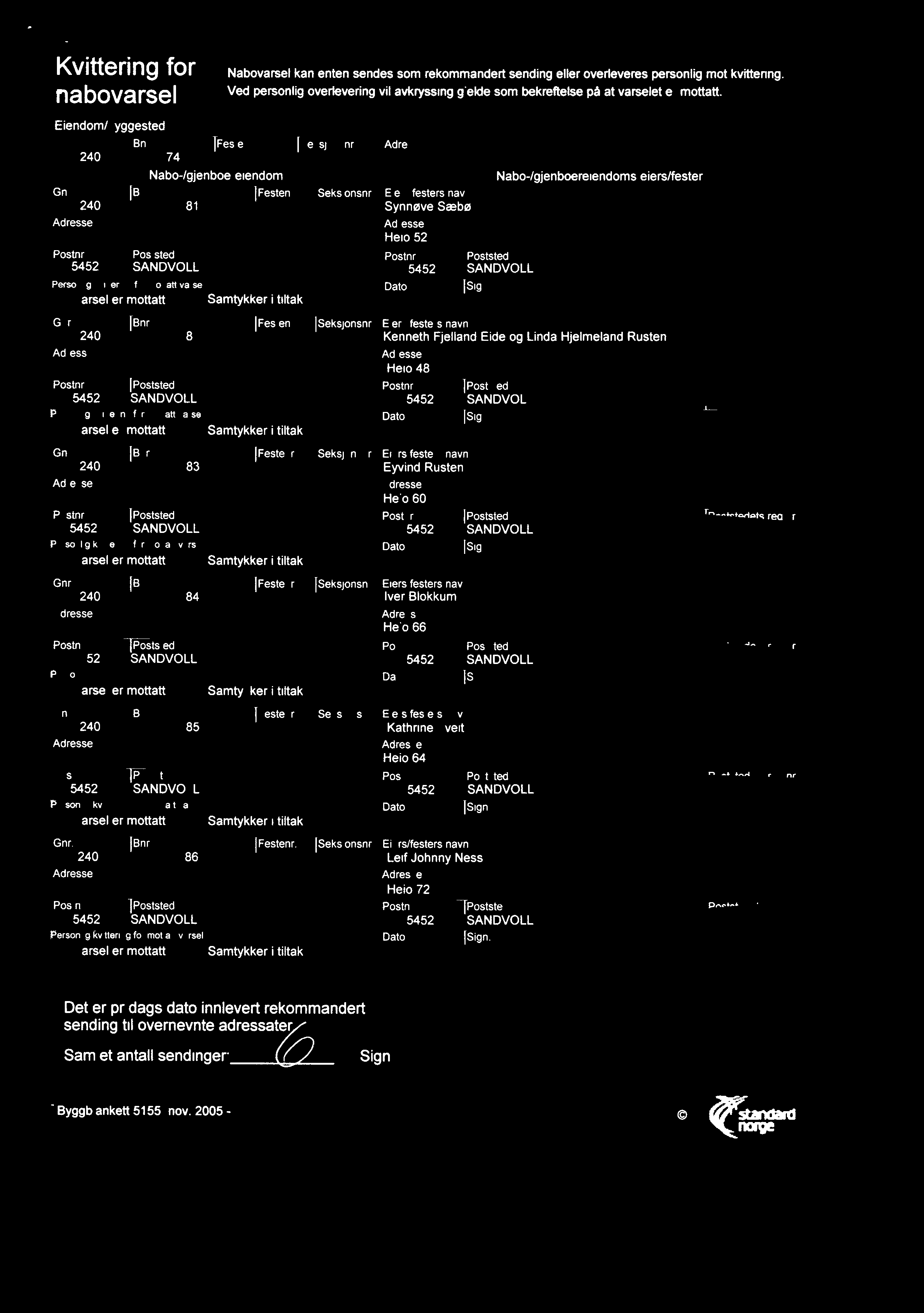 Kvittering for nabovarsel Eiendom/byggested Gnr. [Bnr. IFestenr Iseksjonsnr. 74 Nabo-/gjenboereiendom Gnr. [Bnr. [Festenr. Iseksjonsnr. Eiers/festers navn 81 Synnøve Sæbø Personlig kvittenng for mottatt varsel Gnr.