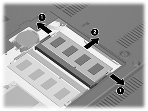 b. Ta tak i kantene på minnemodulen (2), og trekk den forsiktig ut av minnemodulsporet. Plasser minnemodulen i en anti-elektrostatisk pose for å beskytte den etter at du har tatt den ut.