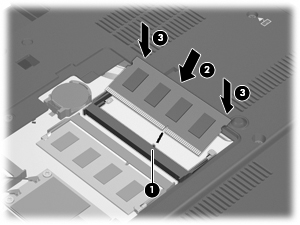 c. Dytt minnemodulen (3) forsiktig ned ved å trykke på både venstre og høyre side av minnemodulen, helt til festeklipsene klikker på plass.