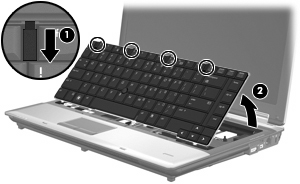 10. Løft den øverste delen av tastaturet forsiktig (2) og vipp det bakover helt til det hviler på håndleddstøtten på datamaskinen. 11. Slik tar du ut minnemodulen: a.