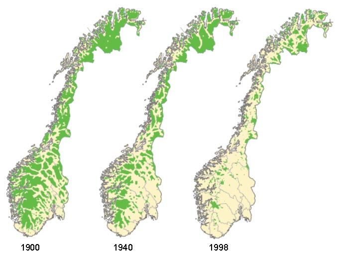 2003 2004 Dokument nr. 3:12 61 6 Øvrig ressursforvaltning Figur 12 Utviklingen av inngrepsfrie områder som er mer enn 5 km fra tyngre tekniske inngrep i Norge i perioden 1900 98 275 6.