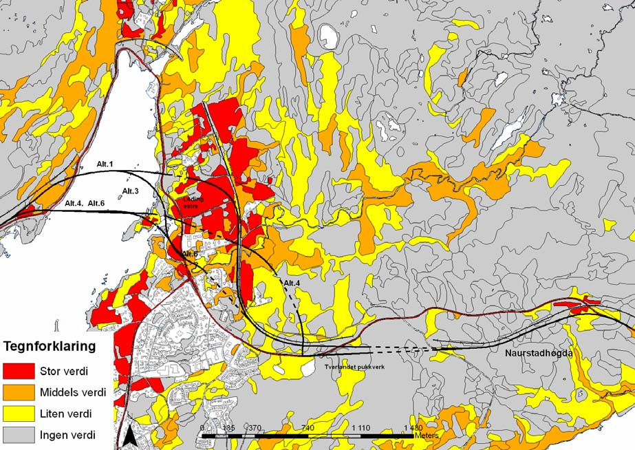 VERDIVURDERING Delstrekning 1 Naurstadhøgda Vikan Fig. 151 Temakart: Verdikart for jordbruk og skogbruk for delstrekning 1 Naurstadhøgda Vikan. På denne strekningen drives det noe jordbruk.