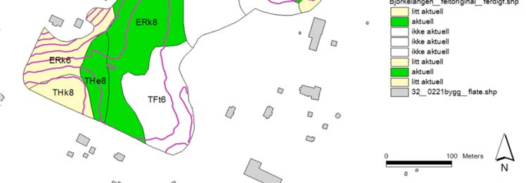 Figur 4. Jordsmonnkart for aktuell forsøkslokalitet på Kjelle, med ulike farger etter hvor aktuelle områdene er for bruk i forsøket.