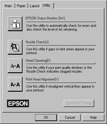Bruke hjelpeprogrammer for skriveren Med EPSONs hjelpeprogrammer for skriveren kan du foreta noe vedlikehold fra skjermen. I Windows 95, 98, og NT 4.0 kan du ogsœ sjekke gjeldende skriverstatus.