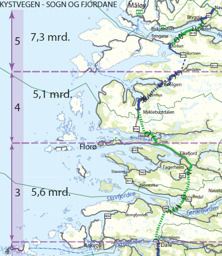 det smalaste i Ålesundet, og tunnelar vidare kortaste veg til rv. 5 aust for Eikefjorden. Denne traseen gir best måloppnåing samla sett og er best på prissette og ikkje-prissette verknadar.