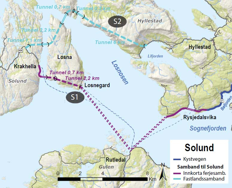 8.7 Solund For Solund er det vurdert to alternative samband: S2 fastlandssamband Fastlandssamband har ein totalkostnad på om lag 5,1 mrd. kr og ei trafikkmengde på om lag 110 kjt/døgn.