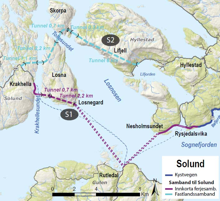 Fastlandssamband S2 (cyan linje) Eit fastlandssamband er føreslege med lang tunnel (6 km) frå fv. 62, gjennom Lifjell.