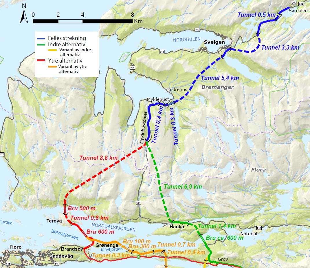 Figur 4-5 Delområde 4 Grov Sørdalen, aktuelle tiltak og alternativ for kystvegen gjennom Sogn og Fjordane. Statens vegvesen 2017.