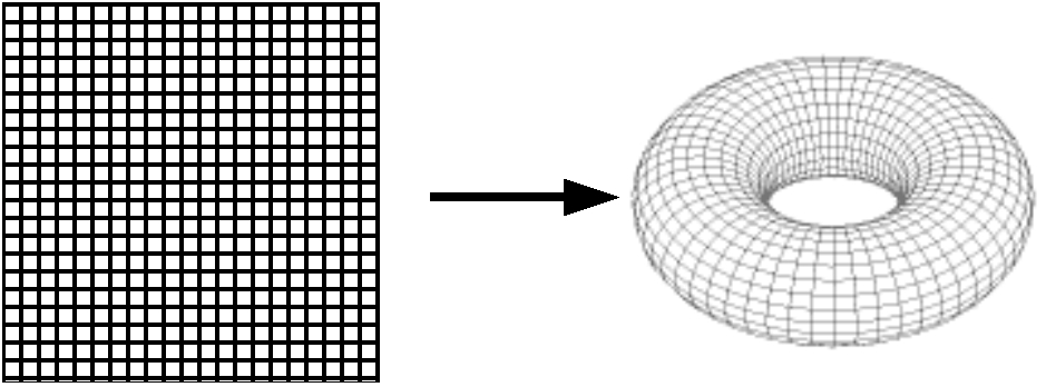 KAPITTEL 5. ISINGMODELLEN 27 Figur 5.2: En to-dimensjonale gitterstrukturer. Med frie grensebetingelser til venstre, og med periodiske grensebetingelse til høyre. (http://complex.upf.es/ josep/ca) 5.