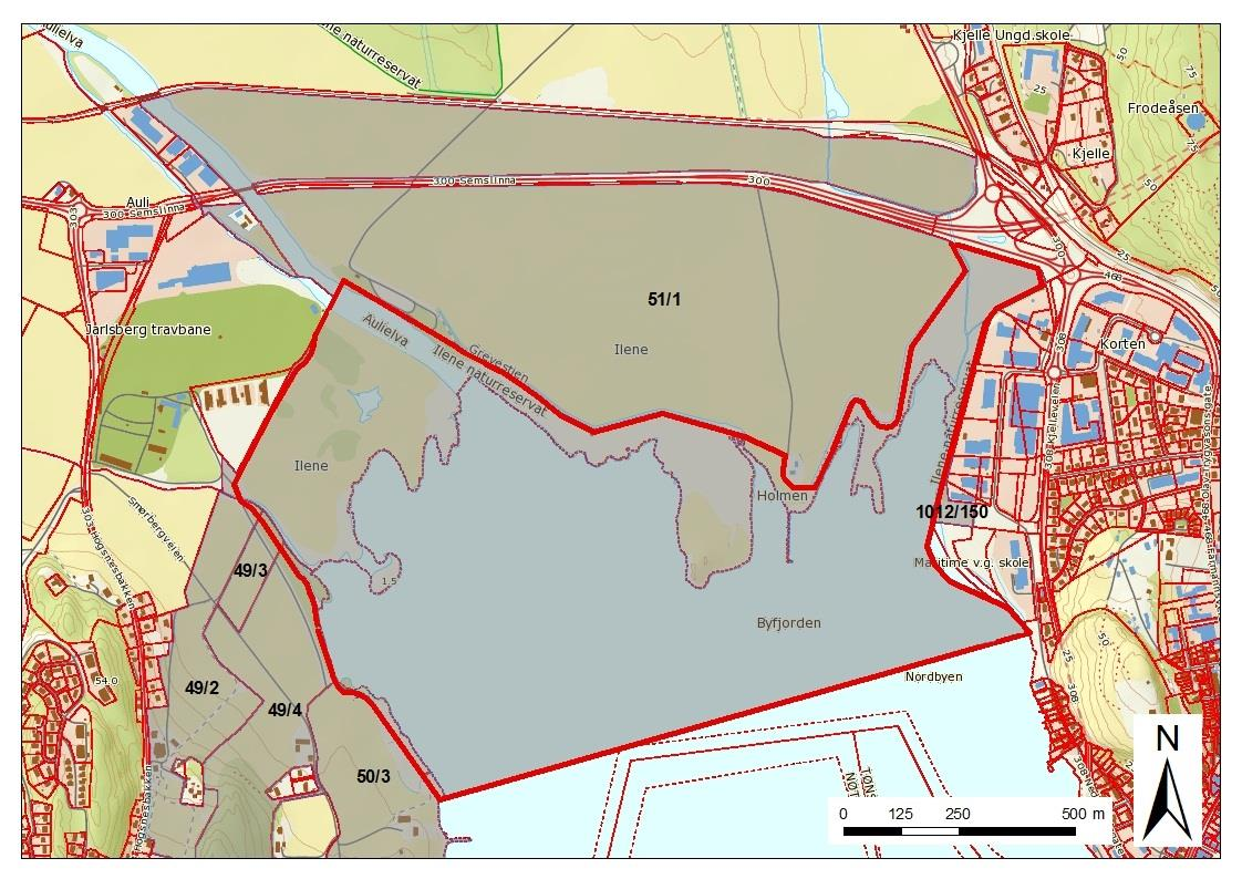 Forvaltningsplan for Ilene naturreservat Del II Figur 9. Eiendomskart over Ilene. Berørte eiendommer er skravert i grått og merket med gnr/bnr. Reservatgrensa er tegnet inn med rødt. 2.