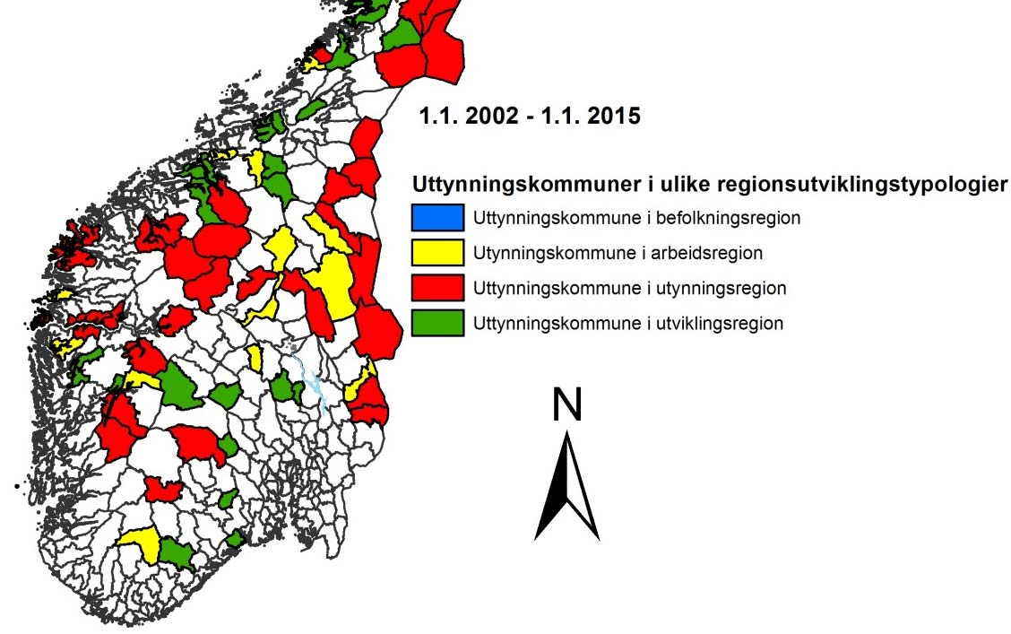 Figur 11. Kart over hvilken type region uttynningskommuner ligger i, 1.1. 2002-1.1. 2015. Kartografi: Østlandsforskning 3.