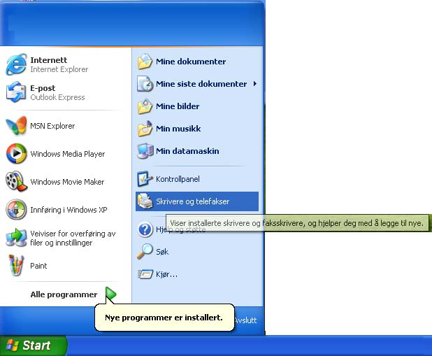 Angi skriveren som standardskriver (Kun for Windows 2000/XP-brukere) 1 Velg Start og deretter Skrivere