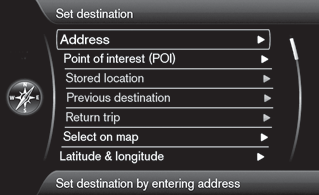03 Planlegg din reise Angi reisemål 03 Adresse Oppgi mål Adresse (Set destination > Address) Det finnes flere forskjellige måter å programmere et reisemål på.