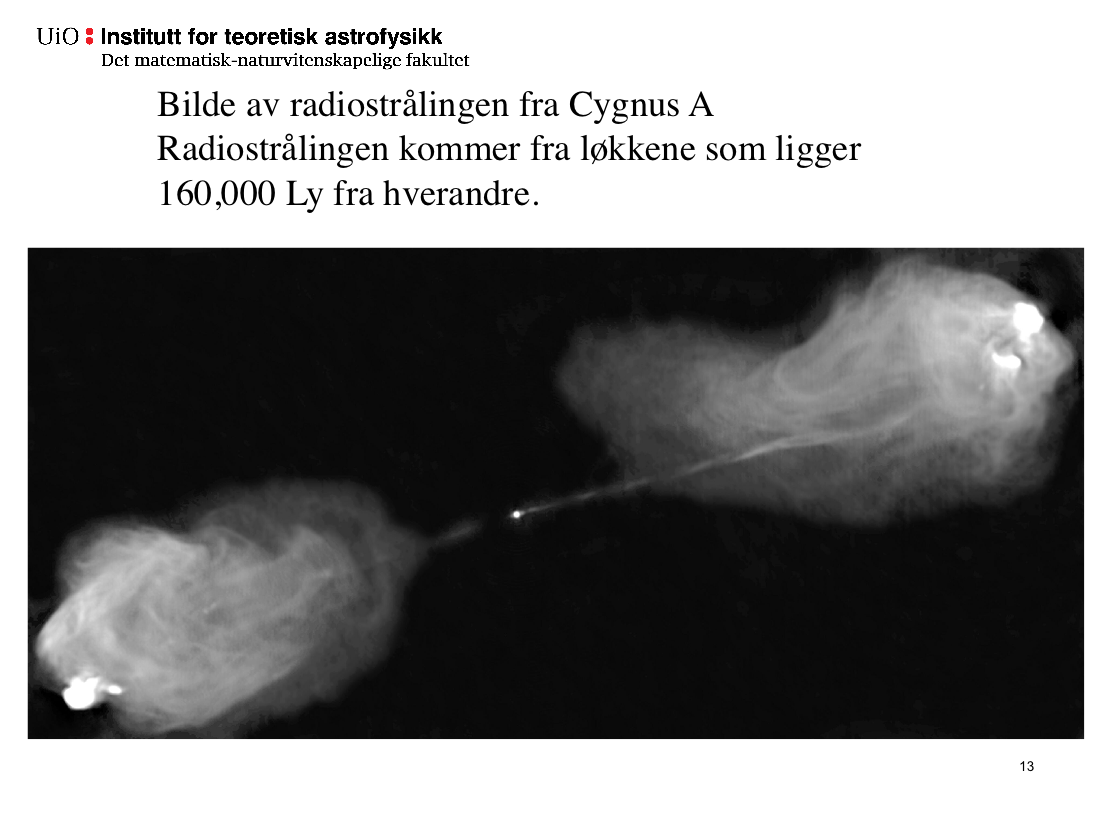 Her ser vi et moderne bilde av Cygnus A tatt i radiobølgeområdet. Den lille lysende prikken ligger midt i en galakse. Registrert i radio bølgelengder ser vi en liten punktkilde.