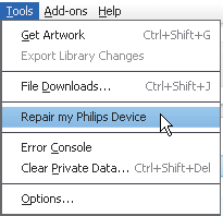 15 Reparere spilleren via Philips Songbird Tips Etter at du reparerer spilleren, fjernes CD-ROMpartisjonen og installeringsprogrammet for Philips Songbird fra spilleren.