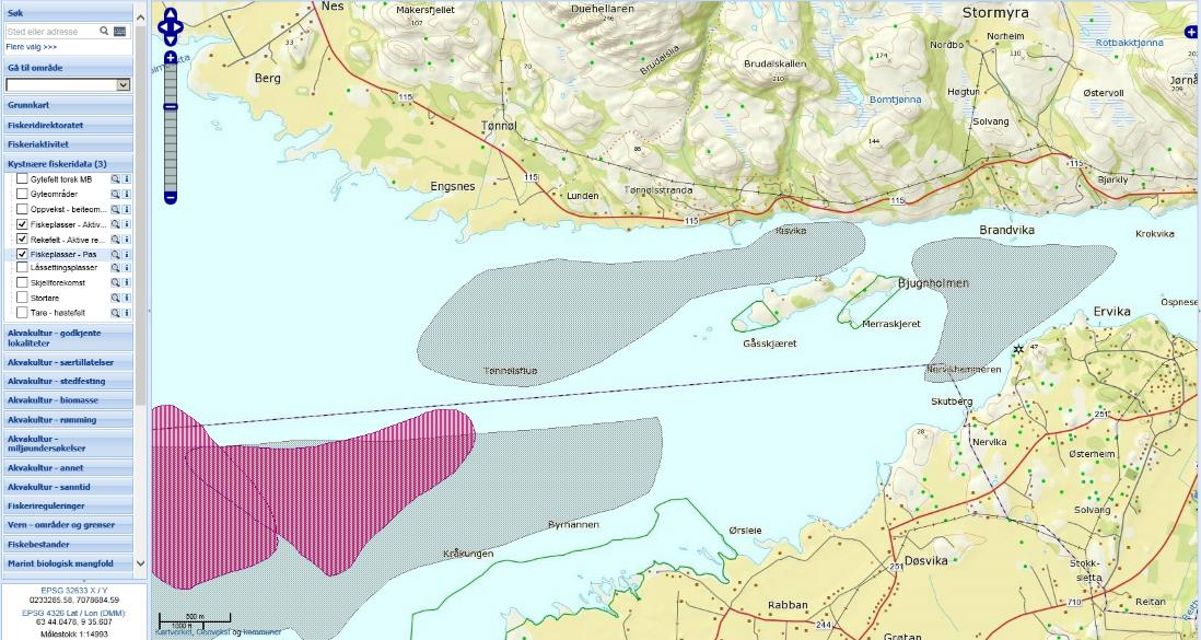 Figur 4: Området registret for fiske med passivt redskap (garn, etc) Bunnkulturer og Havbeite - Aktuelle arter innenfor