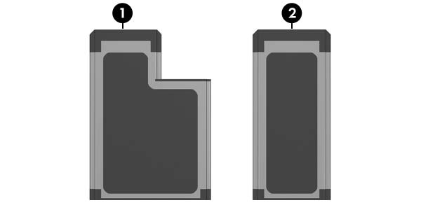 Velge ExpressCard ExpressCard bruker ett av to grensesnitt, og er tilgjengelig i to størrelser. ExpressCard-sporet i maskinen støtter begge grensesnittene og begge størrelsene.