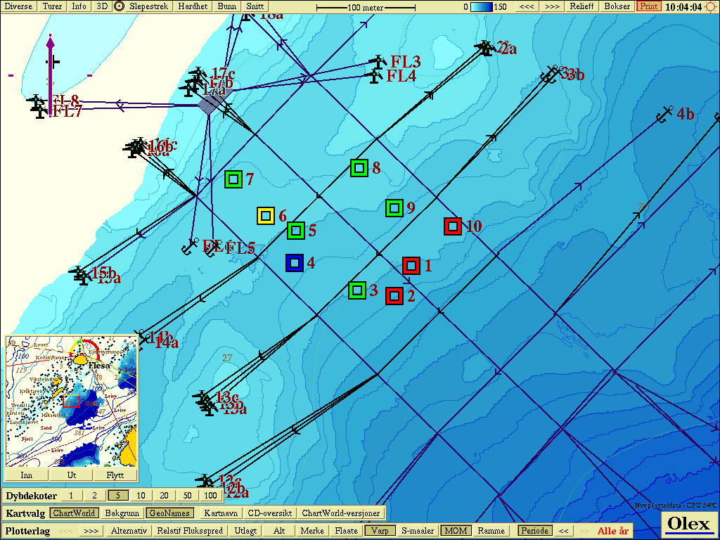 Vedlegg 1. Prøvetakningssted Figur 1. Topografisk kart med avmerking av anlegget og prøvestasjonene. Grønn firkant; tilstand 1, Gul firkant; tilstand 2, Blå firkant; tilstand 3, Rød firkant; tilstand.