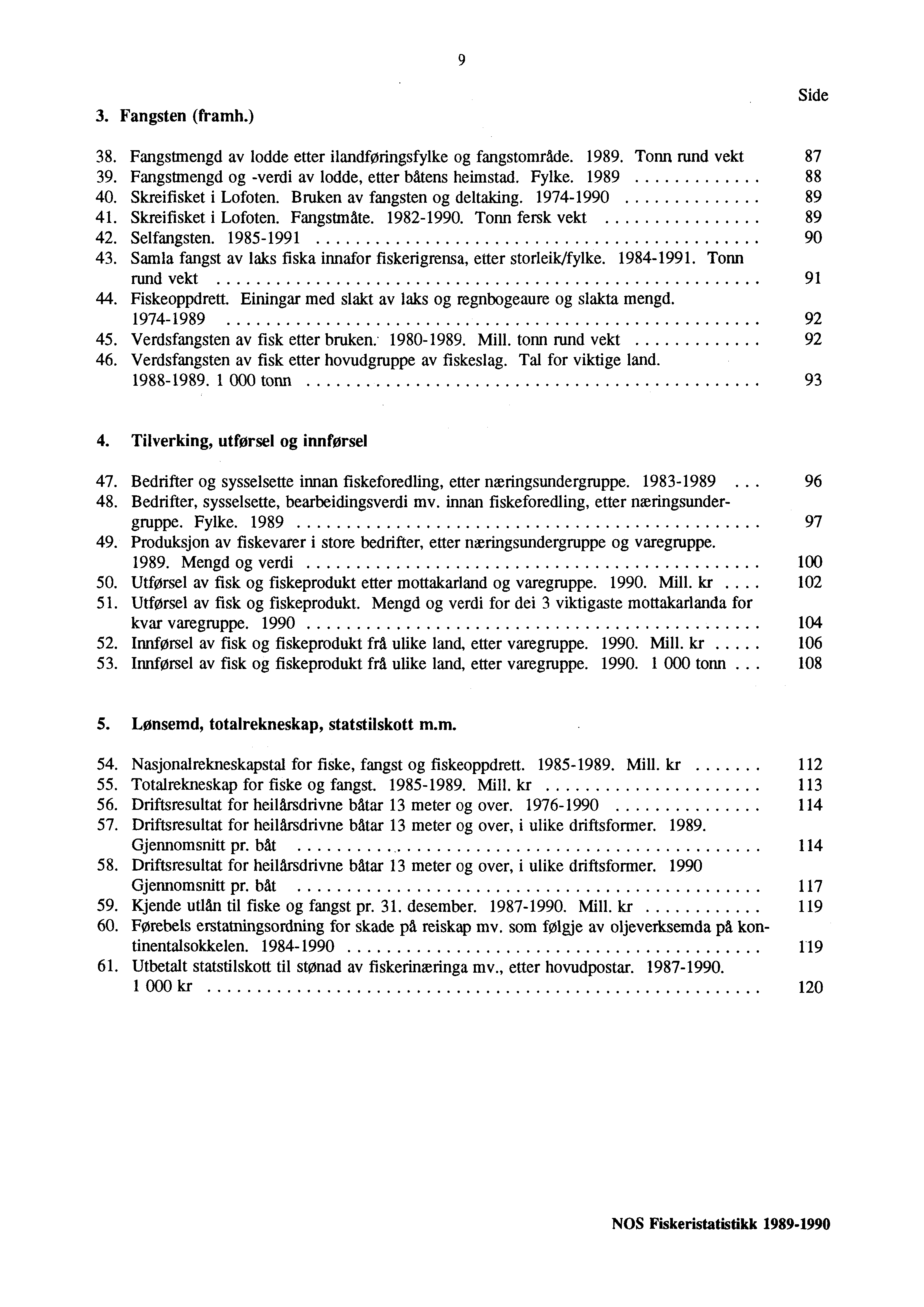 9 3. Fangsten (framh.) Side 38. Fangstmengd av lodde etter ilandføringsfylke og fangstområde. 1989. Tonn rund vekt 87 39. Fangstmengd og -verdi av lodde, etter båtens heimstad. Fylke. 1989 88 40.