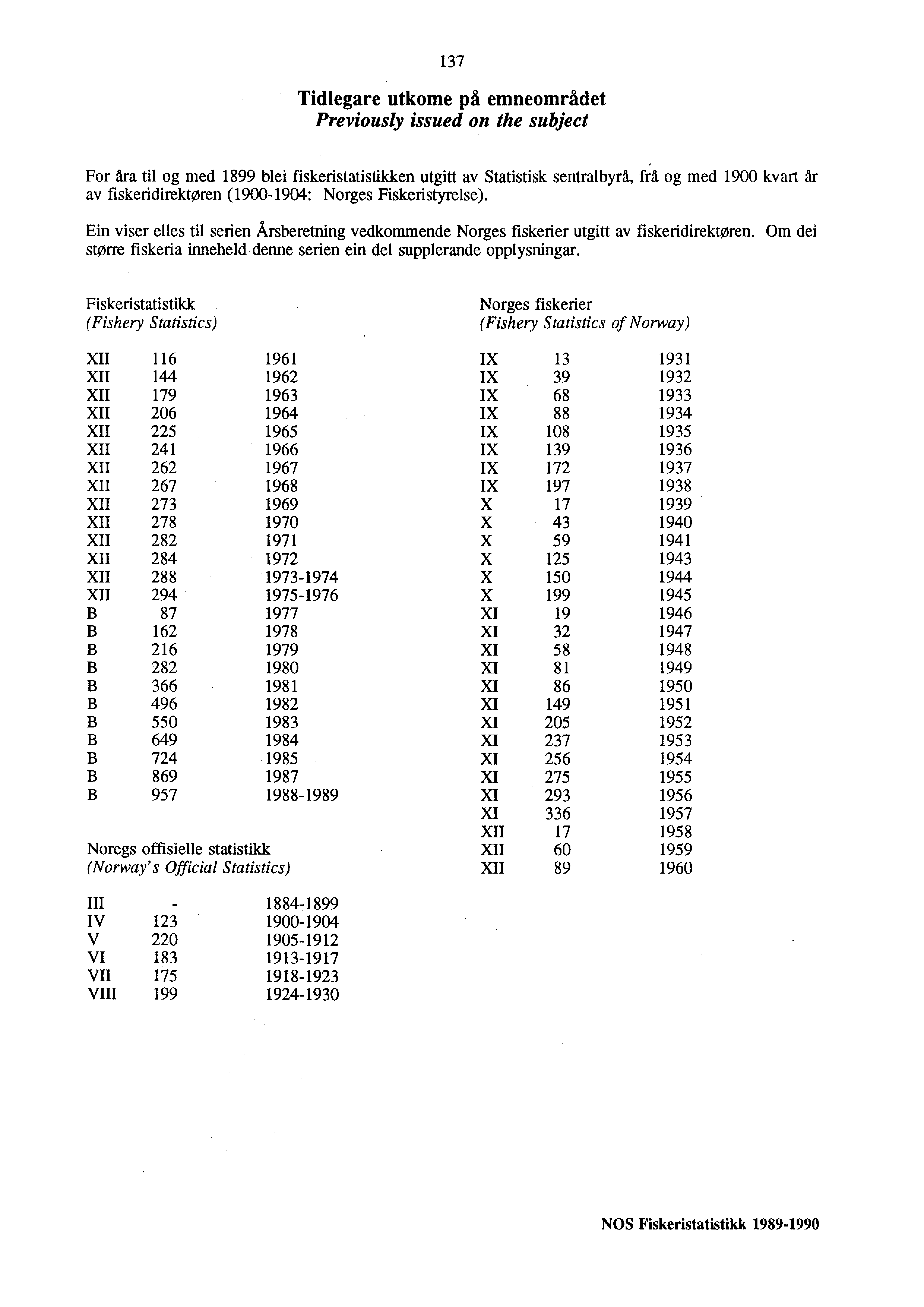 137 Tidlegare utkome på emneområdet Previously issued on the subject For åra til og med 1899 blei fiskeristatistikken utgitt av Statistisk sentralbyrå, frå og med 1900 kvart år av fiskeridirektøren