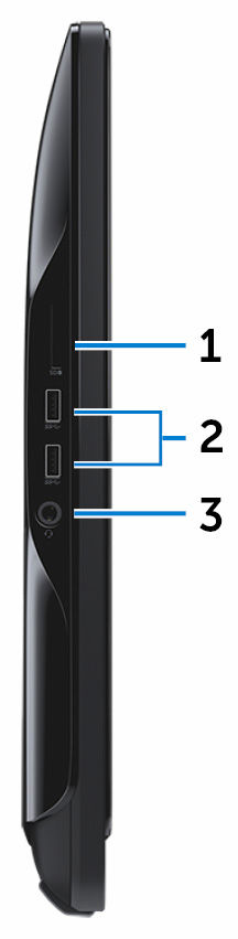 Venstre 1 Mediekortleser Leser fra og skriver til mediekort. 2 USB 3.0-porter (2) Tilkoble eksterne enheter som lagringsenheter, skrivere, og så videre.