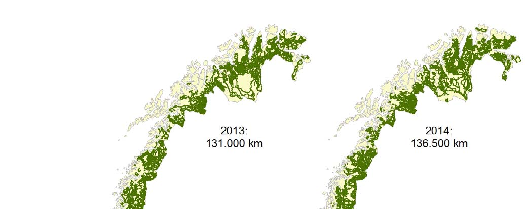 Figur 2. Geografisk fordeling av innsatsen ved yngleregistrering av jerv i Norge i 2013 og 2014.