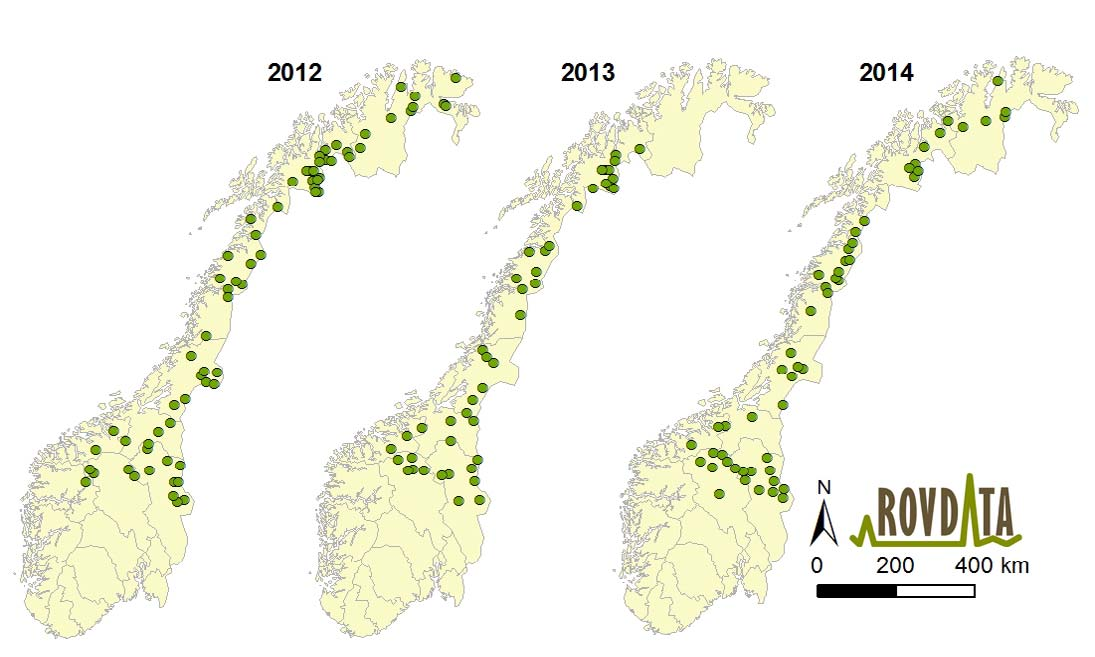 80 Ynglinger av jerv i Norge 2010-2014 70 Antall registrerte ynglinger av jerv 60 50 40 30 20 12 54 9 17 49 51 4 12 40 40 10 0 2010 2011 2012 2013 2014 Årstall Figur 3.