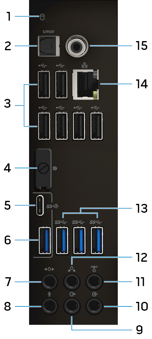 Bakpanel 1 Aktivitetslampe for harddisk Slår på når datamaskinen leser fra eller skriver til harddisken.