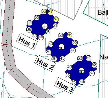 Støyberegning av Østveien, Tjøme 15 Figur 4-2: Punktberegning av utendørs støynivåer (L DEN) i 1. etasjene c+1,6 m.