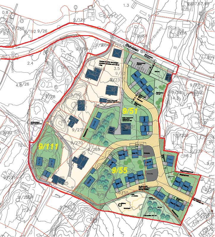 Støyberegning av Østveien, Tjøme 5 Figur 1-1: Planområdets avgrensning er markert med rød linje, ny boligbebyggelse er farget lyseblått.