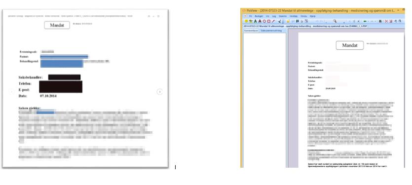 Dokumentet kommer opp som Word-dokument eller som et innskannet dokument i PixView For dokumenter som vises i et vanlig Word-format klikker du på midterste ikon nederst på siden for