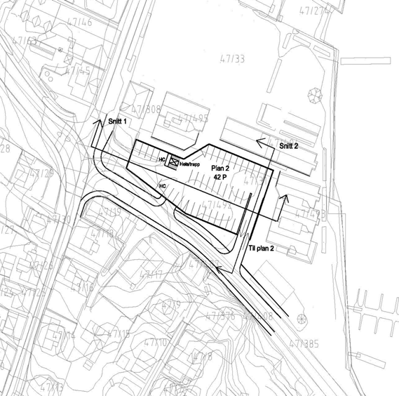 5.4 Sanden p anlegg Anlegget er foreslått med 2 plan ved rutebilstasjonen. Atkomst til begge plan skjer fra Havnegaten til plan 1 ca. midt på bygget, se fig 8, og til plan 2 ved enden av bygget.