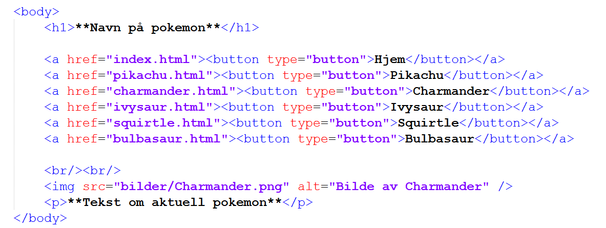 8 Opprett en ny fil i samme mappe som du gir navnet pikachu.html, og skriv inn følgende kode: 4. Sørg for at begge filer er lagret og forhåndsvis begge i nettleseren.