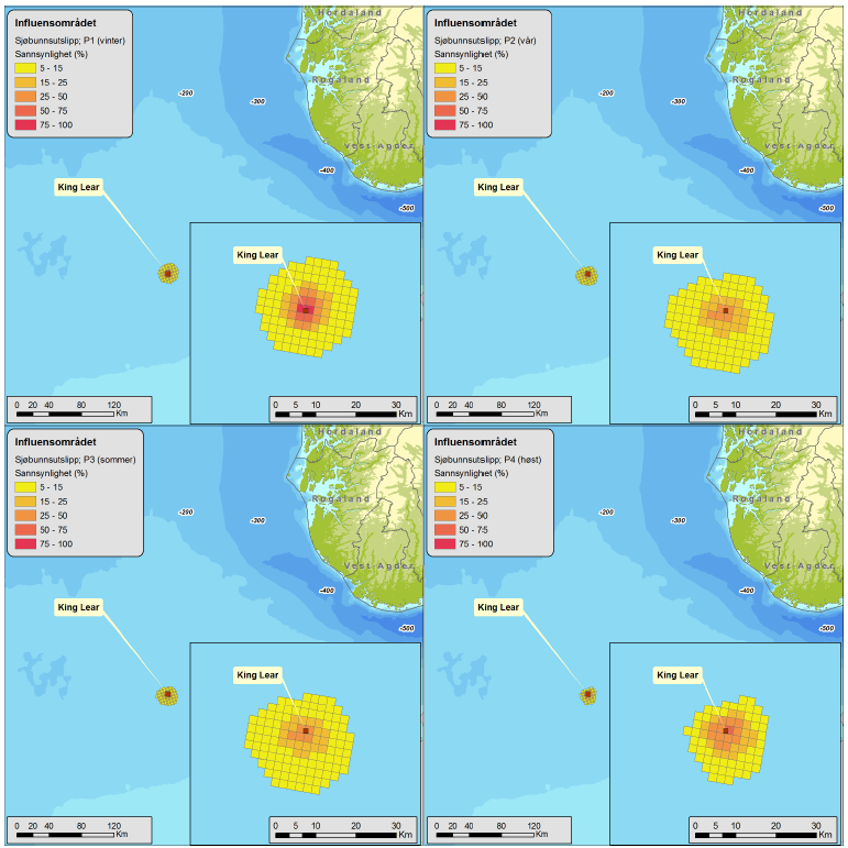 Figur 3-3 Konsentrasjonsbaserte influensområder for de fire stokastiske oljedriftssimuleringene av sjøbunnsutblåsninger: P1 bunn, P2 bunn, P3 bunn og P4 bunn.