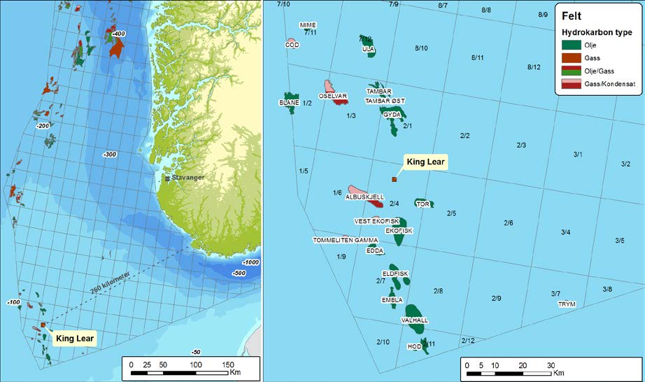 Figur 2-2 Lokasjon for 2/4-21 King Lear I analysen av miljørisiko knyttet til boringen av letebrønn 2/4-22 S benyttes Statoils akseptkriterier (Tabell 2-1) for operasjonsspesifikk miljørisiko.