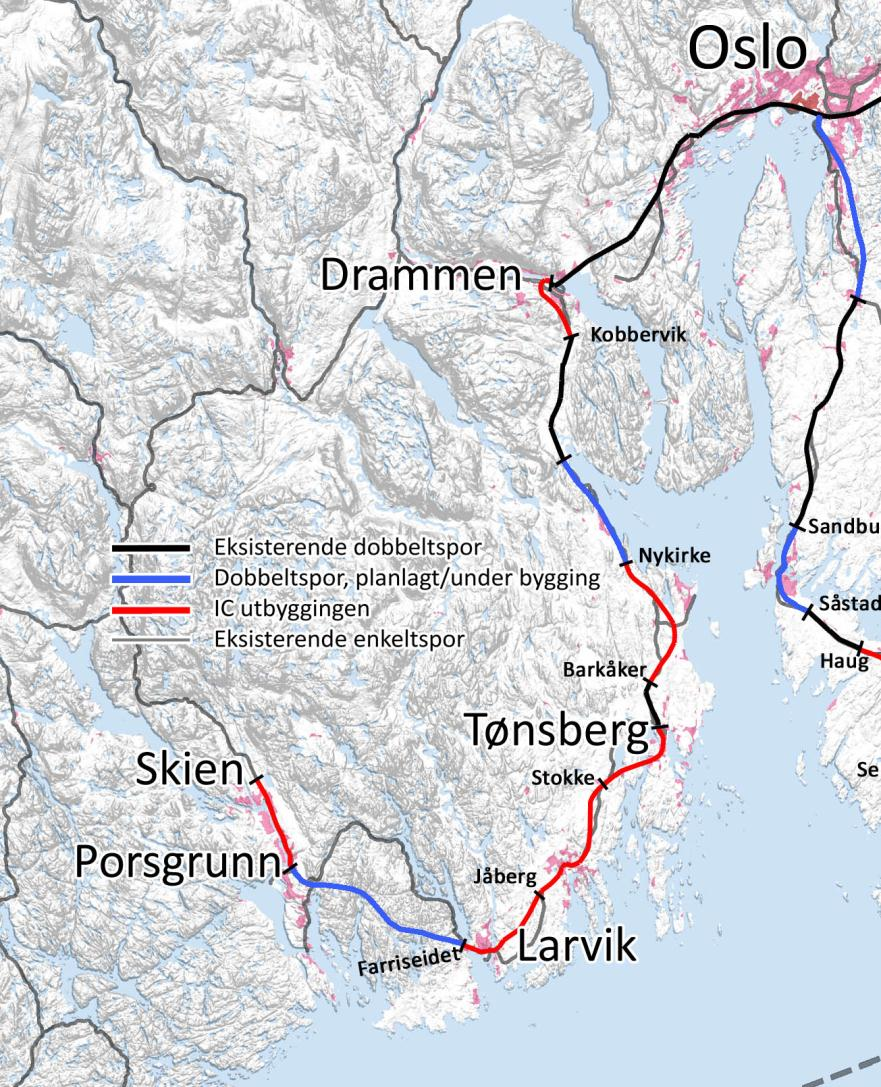 Tabell 4. Vestfoldbanen, Konsept 4C, underbygning i 7 parseller Delstrekning Ca. lengde (km) Kontraktsverdi (mrd.