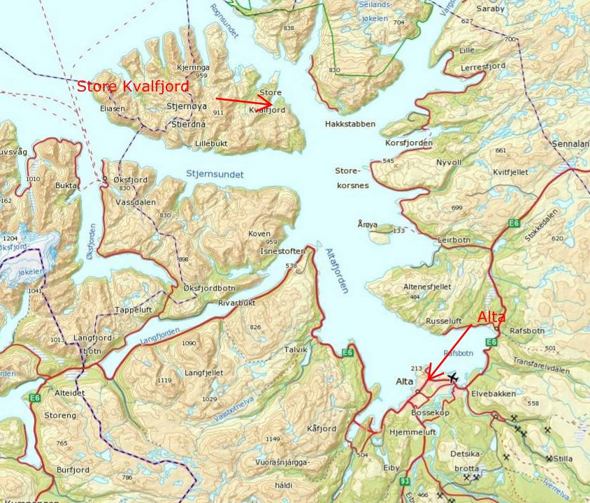 VEG TIL BIA 3 3. ORIENTERING OM PROSJEKTET 3.1 BELIGGENHET Bia ligger i Store Kvalfjorden på Stjernøya i Alta kommune. Nærmeste tettsted er Kvalfjord. Figur 1 Oversiktskart Altafjorden 3.