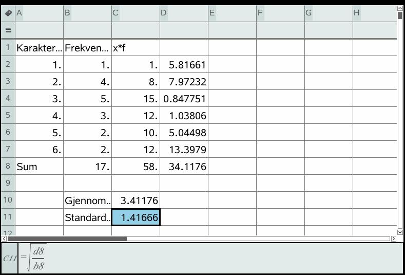 8 Histogram For å lage histogram, legger vi inn dataene i «Lister & Regneark», beregner klassebreddene og histogramhøyden manuelt og tegner så histogrammet i «Data & Statistikk».