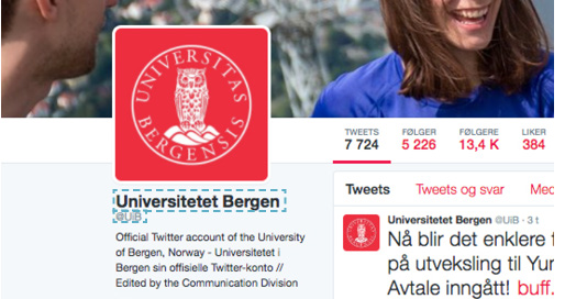 Universitetet i Bergen) og et @-navn (f.eks. @UiB). Bannerbilde På Facebook og Twitter kan en laste opp et bannerbilde, et bilde i breddeformat som ligger øverst på siden.