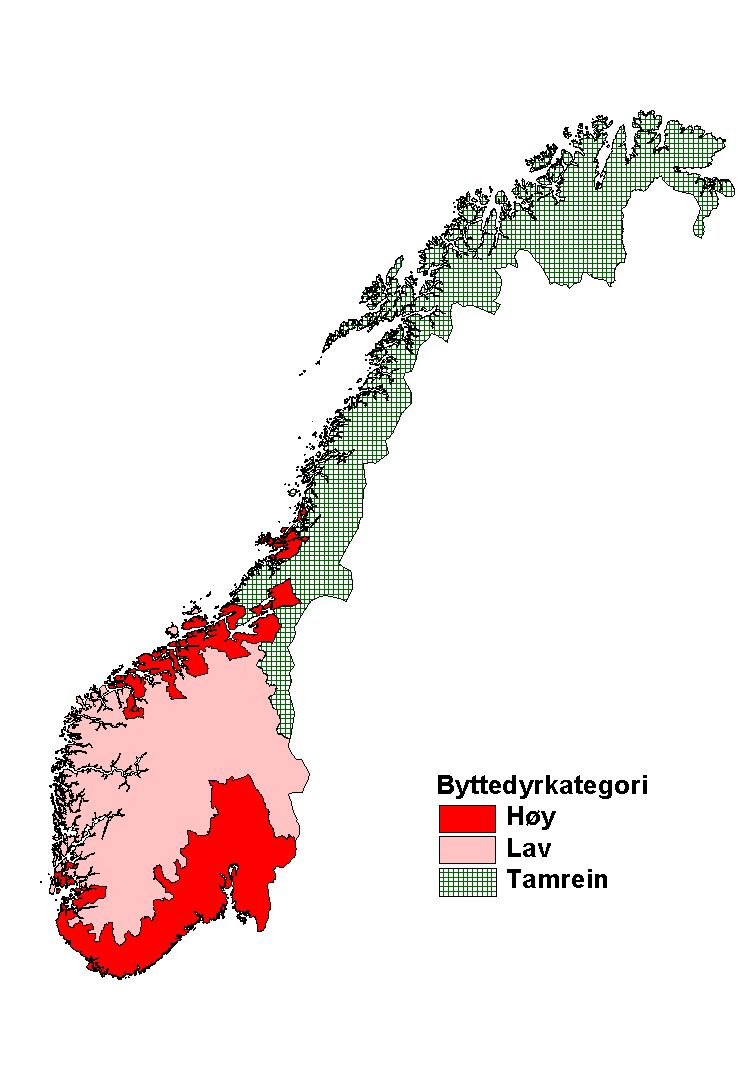 . Figur 1. Lengden på avstandsreglene og omregningsfaktorene som brukes varierer med tettheten av store byttedyr.