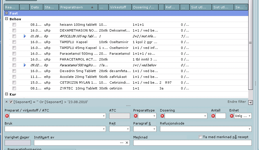 Samstemming av medisinlister OK fører ikke til noe, da listene er like for dette medikament Importert liste kan redigeres manuelt ved å se på original tekst som vises i eget felt.