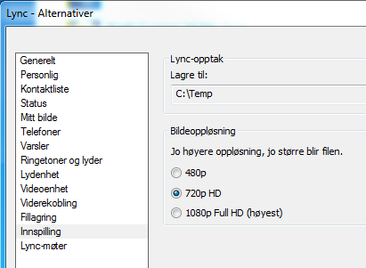 Lync 2013 25 Opptak i Lync 2013 Opptak i Lync Når du har en Lync-samtale eller et Lync-møte, kan Lync spille inn lyd, video, direktemeldinger, programdeling, PowerPoint-presentasjoner og tavle.