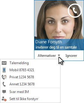 Lync 2013 9 Besvare et anrop 1. Når noen ringer til deg, dukker det opp et varsel på skjermen. 2. Klikk hvor som helst i bildeområdet for å besvare anropet. 3.