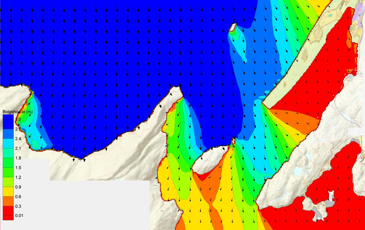 1 2 3 4 5 7 6 Figur 8: Resultater fra bølgemodellering for det fine griddet ved Polarbase, med utfyllinger/ molo.