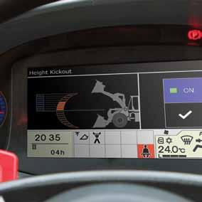 Høyden på løftearmens autostop og auto-level funksjonen for skuffeåpningen kan enkelt justeres ved hjelp av skjermen foran i konsollen.