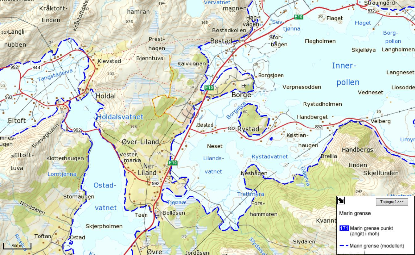 VEDLEGG 4 Kart som viser marin grense Planlagt Blesthall Grunnlag: ngu.